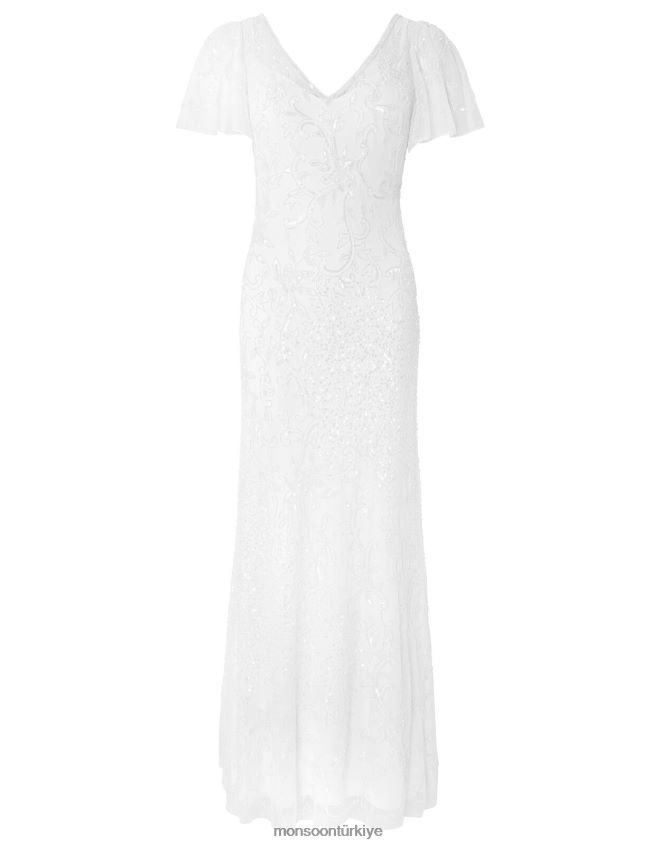 Monsoon kadınlar kedicik süslemeli çarpıntı kollu gelinlik JH86BT1160 Giyim fildişi