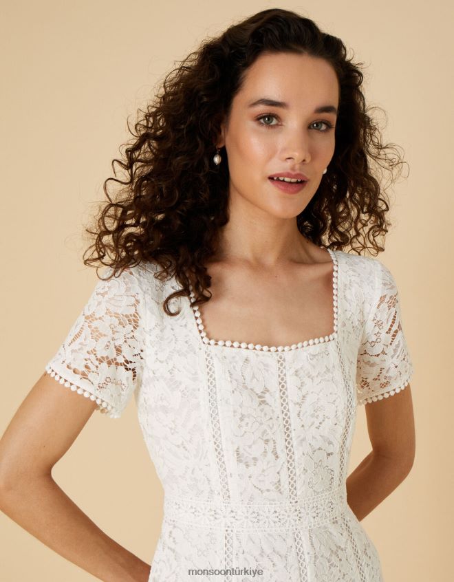 Monsoon kadınlar kim kare boyunlu dantel gelinlik JH86BT1043 Giyim fildişi