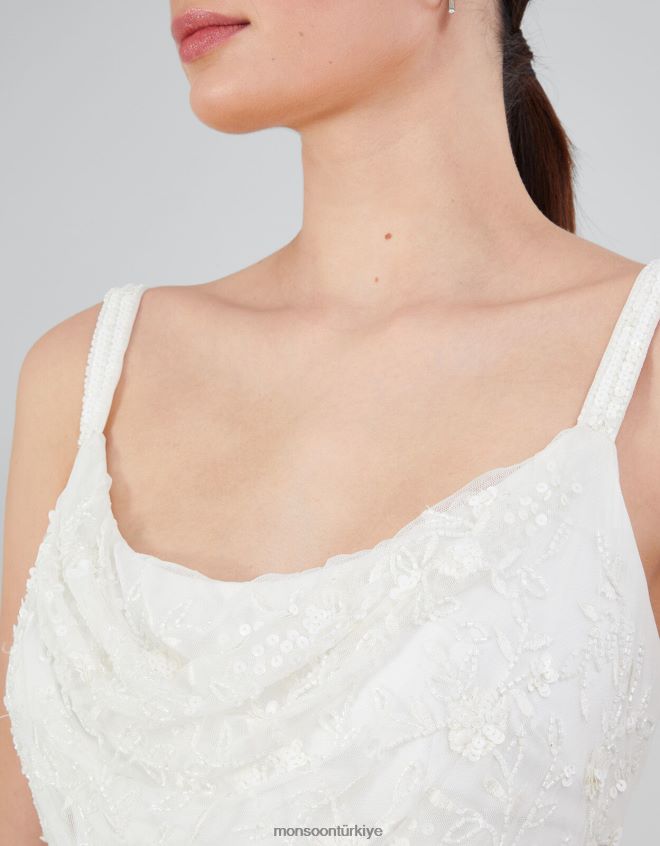 Monsoon kadınlar kutsal işlemeli kapüşonlu boyunlu gelinlik JH86BT392 Giyim fildişi