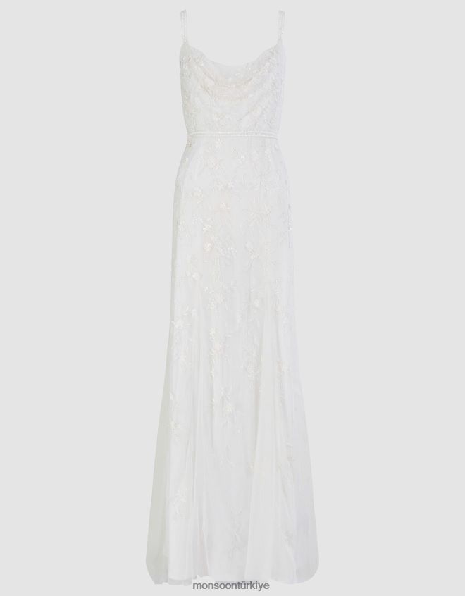 Monsoon kadınlar kutsal işlemeli kapüşonlu boyunlu gelinlik JH86BT392 Giyim fildişi