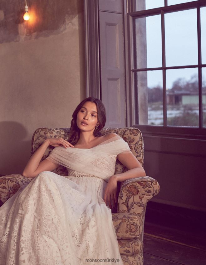 Monsoon kadınlar laurie dantel ve tül bardot gelinlik JH86BT2742 Giyim fildişi