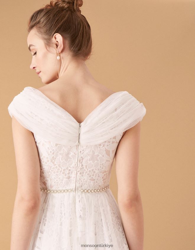 Monsoon kadınlar laurie dantel ve tül bardot gelinlik JH86BT2742 Giyim fildişi