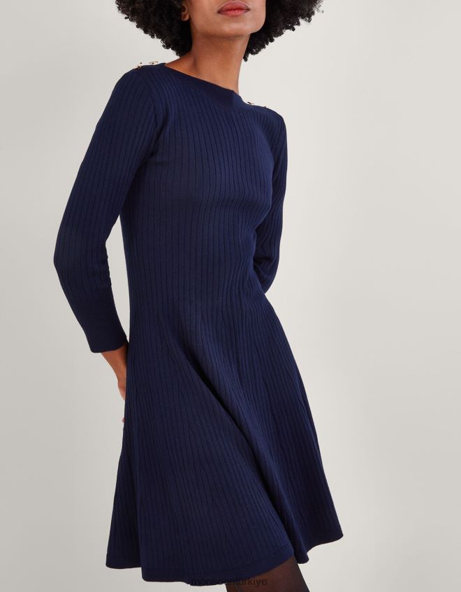 Monsoon kadınlar Geri dönüştürülmüş polyesterden düğme detaylı, fitilli, dar kesim elbise JH86BT743 Giyim Mavi Donanma)