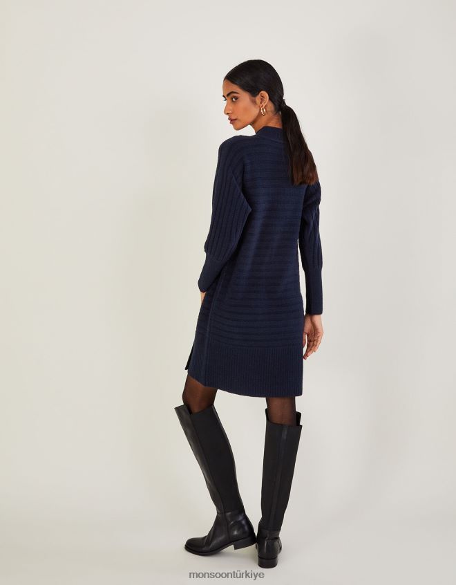 Monsoon kadınlar Geri dönüştürülmüş polyesterden ribanalı örgü elbise JH86BT1066 Giyim Mavi Donanma)