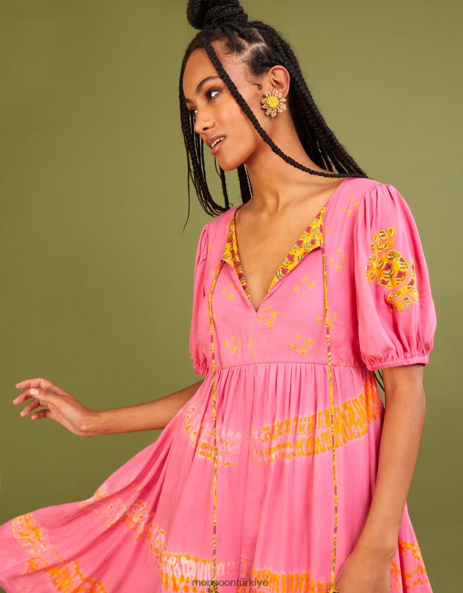 Monsoon kadınlar Lenzing Ecovero'da bandhani boya desenli kontrast astarlı elbise JH86BT315 Giyim turuncu (mercan)