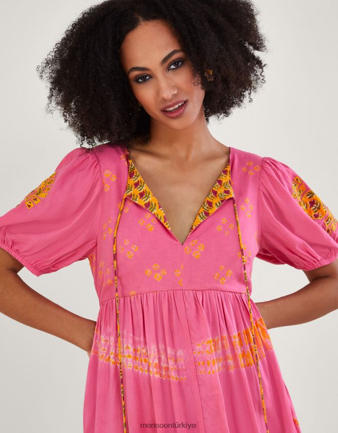 Monsoon kadınlar Lenzing Ecovero\'da bandhani boya desenli kontrast astarlı elbise JH86BT315 Giyim turuncu (mercan)