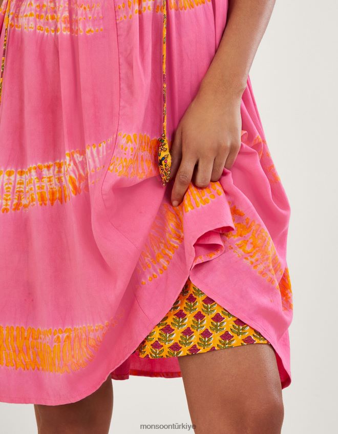 Monsoon kadınlar Lenzing Ecovero\'da bandhani boya desenli kontrast astarlı elbise JH86BT315 Giyim turuncu (mercan)