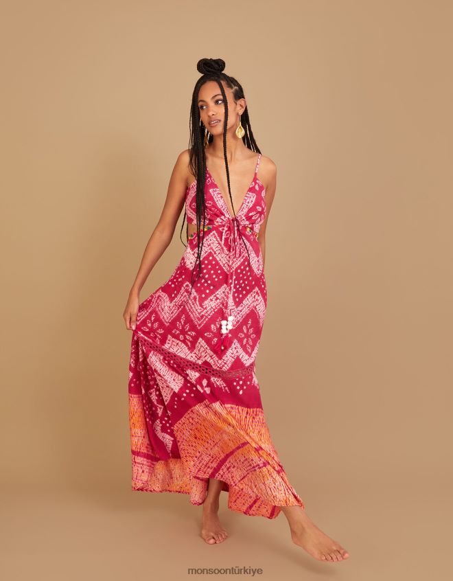 Monsoon kadınlar Lenzing Ecovero'da bandhani boya desenli maxi elbise JH86BT318 Giyim pembe
