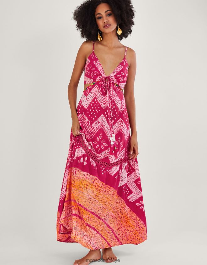 Monsoon kadınlar Lenzing Ecovero\'da bandhani boya desenli maxi elbise JH86BT318 Giyim pembe