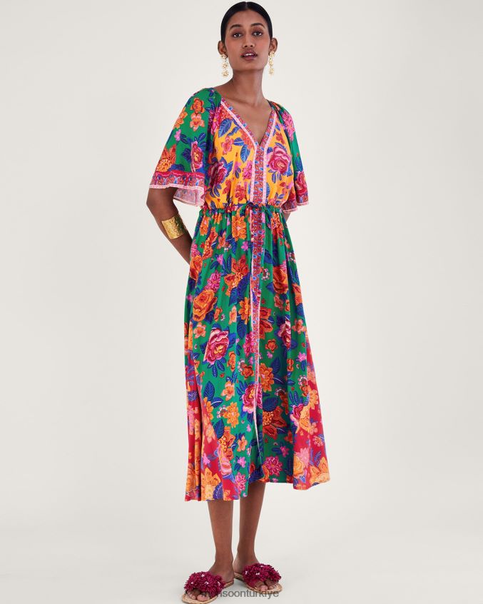 Monsoon kadınlar Lenzing Ecovero\'da kontrast çiçek desenli elbise JH86BT600 Giyim turuncu