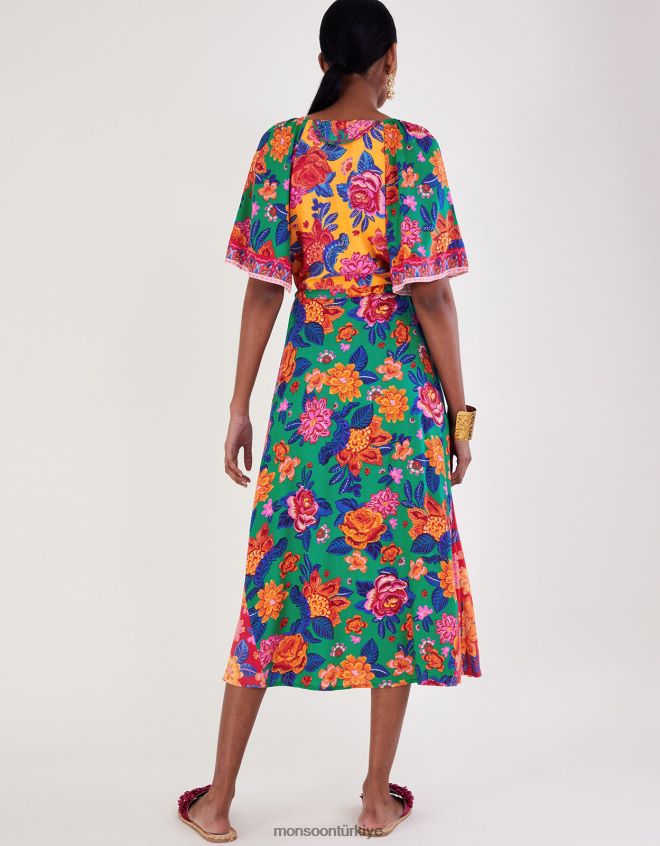 Monsoon kadınlar Lenzing Ecovero\'da kontrast çiçek desenli elbise JH86BT600 Giyim turuncu