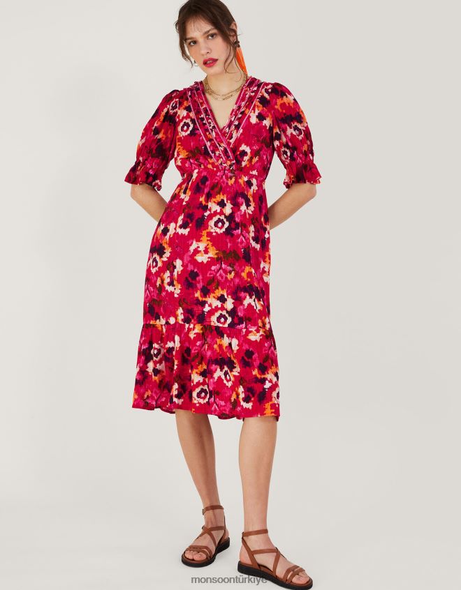 Monsoon kadınlar Lenzing Ecovero'da örgülü yaka desenli midi elbise JH86BT490 Giyim kırmızı