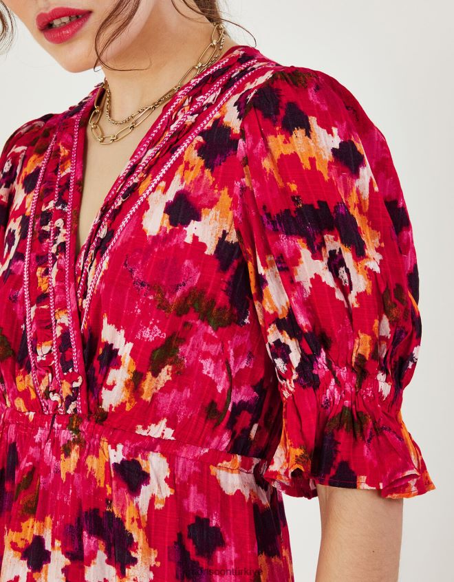 Monsoon kadınlar Lenzing Ecovero\'da örgülü yaka desenli midi elbise JH86BT490 Giyim kırmızı