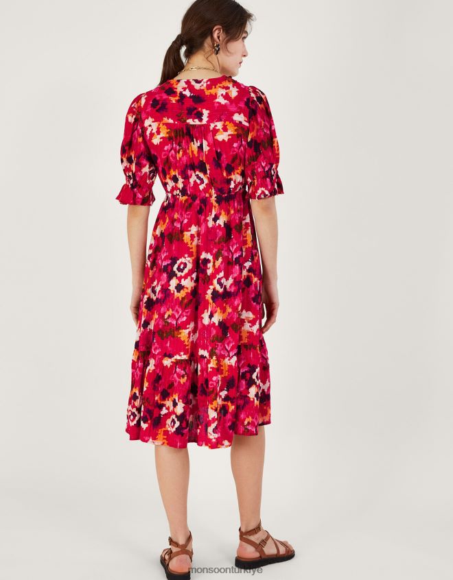 Monsoon kadınlar Lenzing Ecovero\'da örgülü yaka desenli midi elbise JH86BT490 Giyim kırmızı