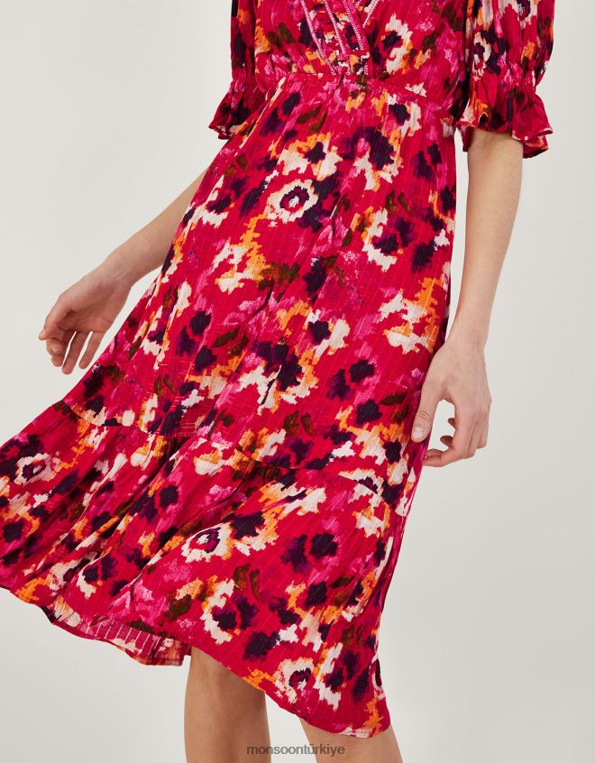 Monsoon kadınlar Lenzing Ecovero\'da örgülü yaka desenli midi elbise JH86BT490 Giyim kırmızı
