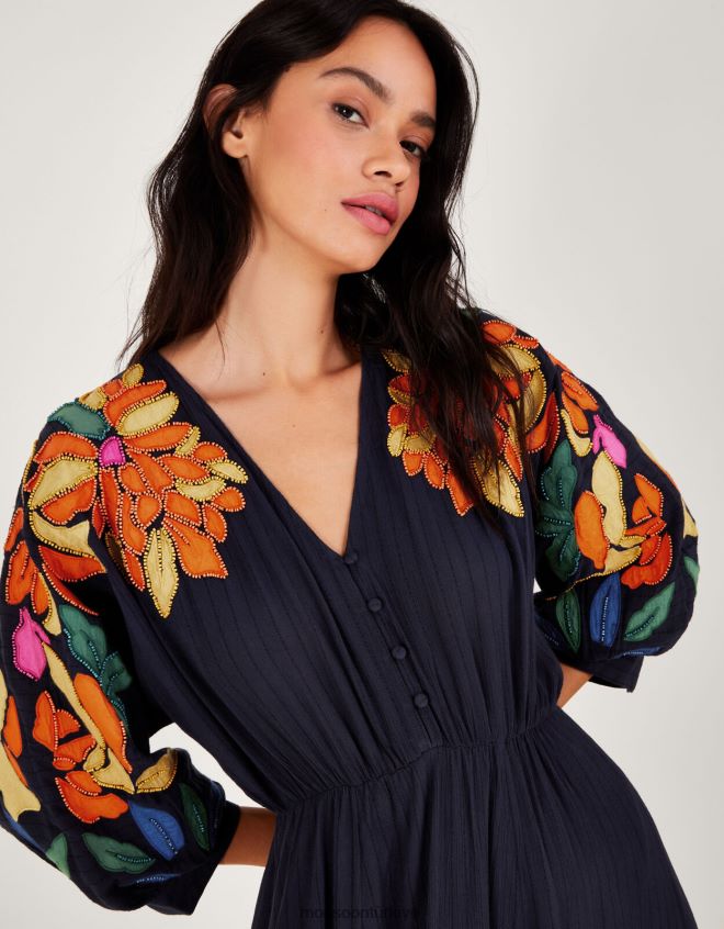 Monsoon kadınlar Lenzing Ecovero\'da yaprak süslemeli aplike elbise JH86BT623 Giyim Mavi Donanma)