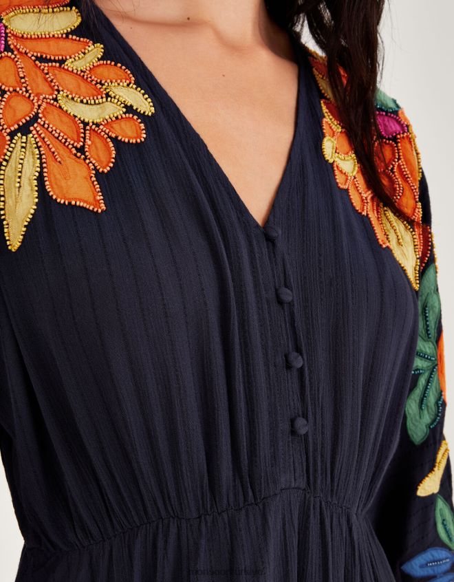 Monsoon kadınlar Lenzing Ecovero\'da yaprak süslemeli aplike elbise JH86BT623 Giyim Mavi Donanma)