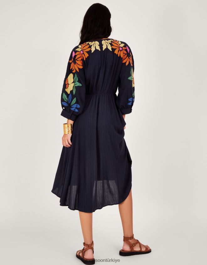 Monsoon kadınlar Lenzing Ecovero\'da yaprak süslemeli aplike elbise JH86BT623 Giyim Mavi Donanma)