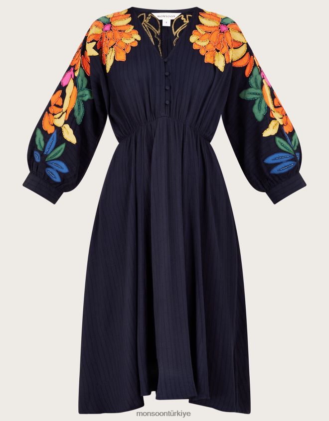 Monsoon kadınlar Lenzing Ecovero\'da yaprak süslemeli aplike elbise JH86BT623 Giyim Mavi Donanma)