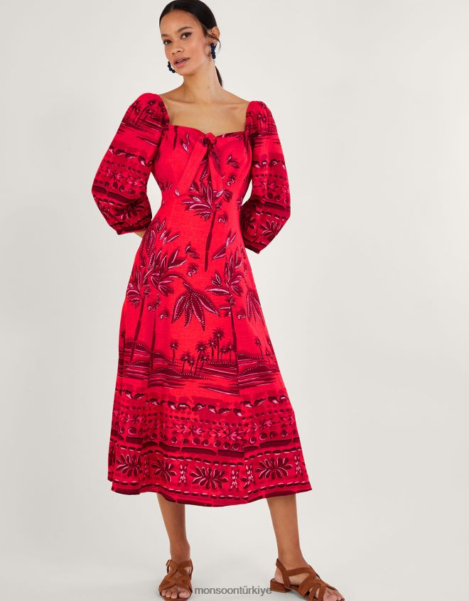 Monsoon kadınlar Lenzing Ecovero'lu Paola Palmiye Desenli Elbise JH86BT735 Giyim kırmızı