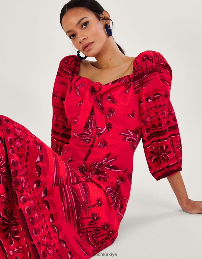 Monsoon kadınlar Lenzing Ecovero\'lu Paola Palmiye Desenli Elbise JH86BT735 Giyim kırmızı