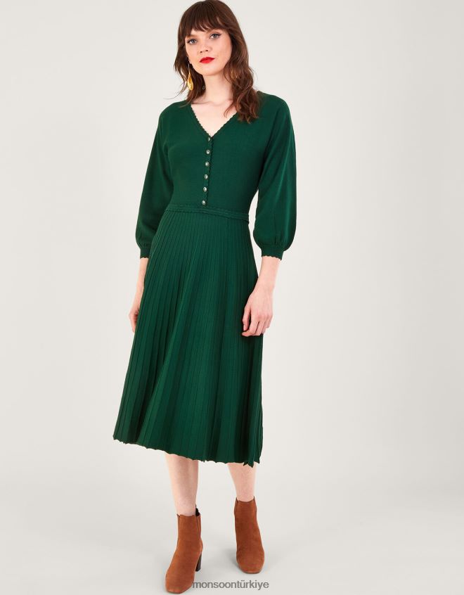 Monsoon kadınlar Lenzing ecoverolu v yaka midi elbise JH86BT118 Giyim yeşil (koyu yeşil)