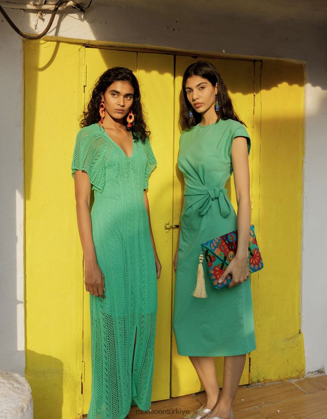 Monsoon kadınlar Sürdürülebilir pamuklu melek kollu pointelle dikişli elbise JH86BT662 Giyim yeşil