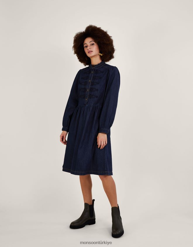 Monsoon kadınlar Sürdürülebilir pamuktan denizci denim diz boyu elbise JH86BT780 Giyim mavi (kot mavisi)