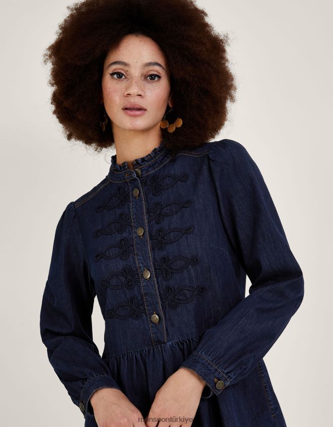 Monsoon kadınlar Sürdürülebilir pamuktan denizci denim diz boyu elbise JH86BT780 Giyim mavi (kot mavisi)