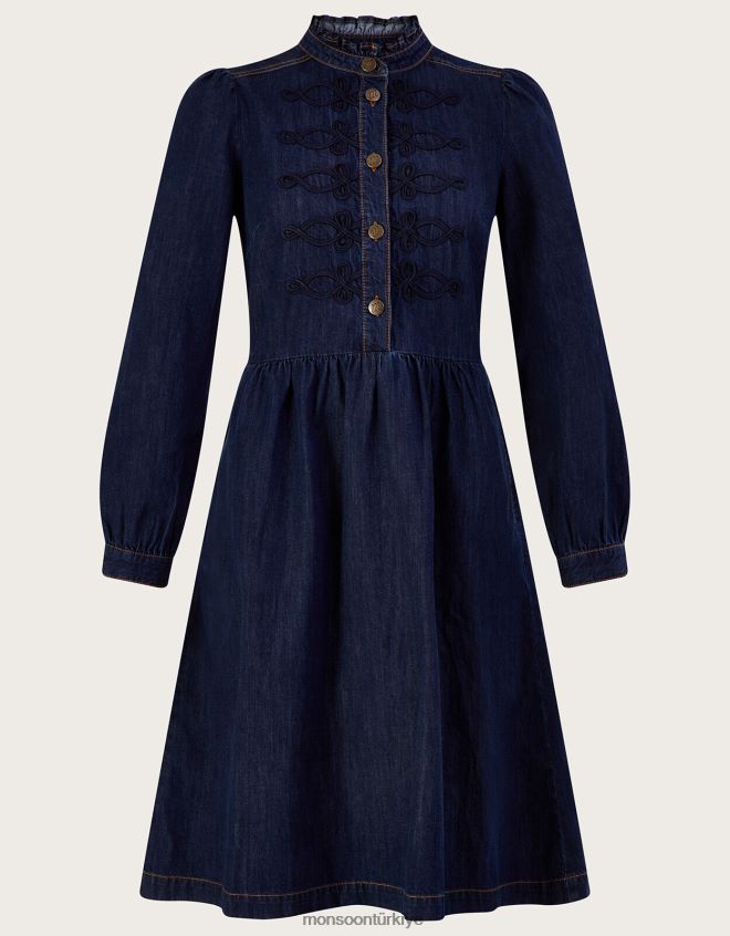 Monsoon kadınlar Sürdürülebilir pamuktan denizci denim diz boyu elbise JH86BT780 Giyim mavi (kot mavisi)