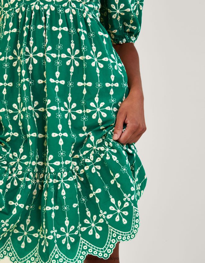 Monsoon kadınlar Sürdürülebilir pamuktan işlemeli kabarık kollu kısa elbise JH86BT956 Giyim yeşil