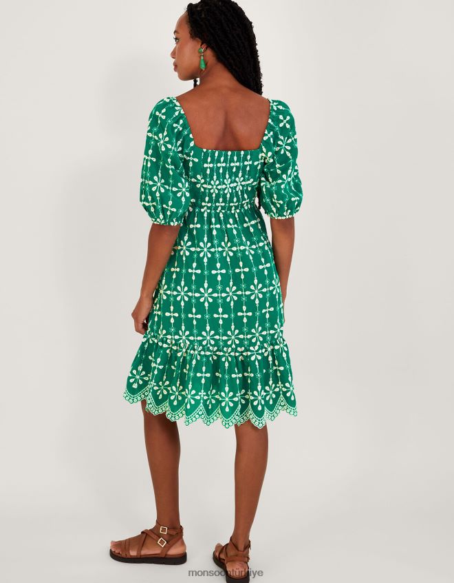 Monsoon kadınlar Sürdürülebilir pamuktan işlemeli kabarık kollu kısa elbise JH86BT956 Giyim yeşil