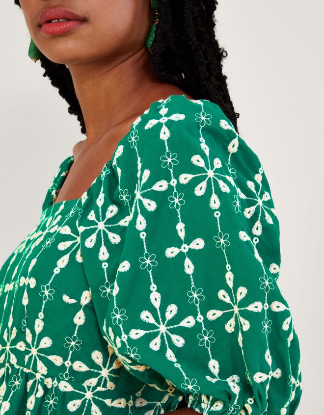 Monsoon kadınlar Sürdürülebilir pamuktan işlemeli kabarık kollu kısa elbise JH86BT956 Giyim yeşil