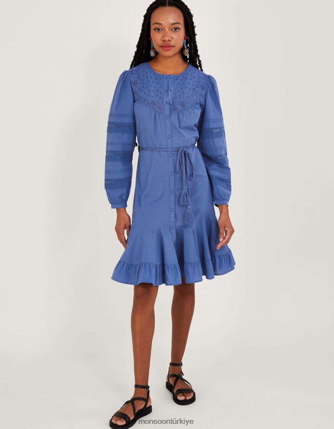 Monsoon kadınlar Sürdürülebilir pamuktan önlük işlemeli detaylı elbise JH86BT276 Giyim mavi