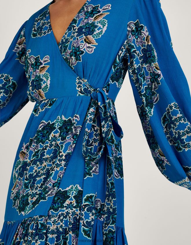 Monsoon kadınlar Sürdürülebilir viskondan Thea desenli anvelop elbise JH86BT1080 Giyim mavi (kobalt)