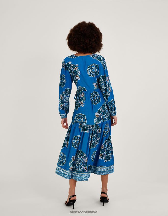 Monsoon kadınlar Sürdürülebilir viskondan Thea desenli anvelop elbise JH86BT1080 Giyim mavi (kobalt)