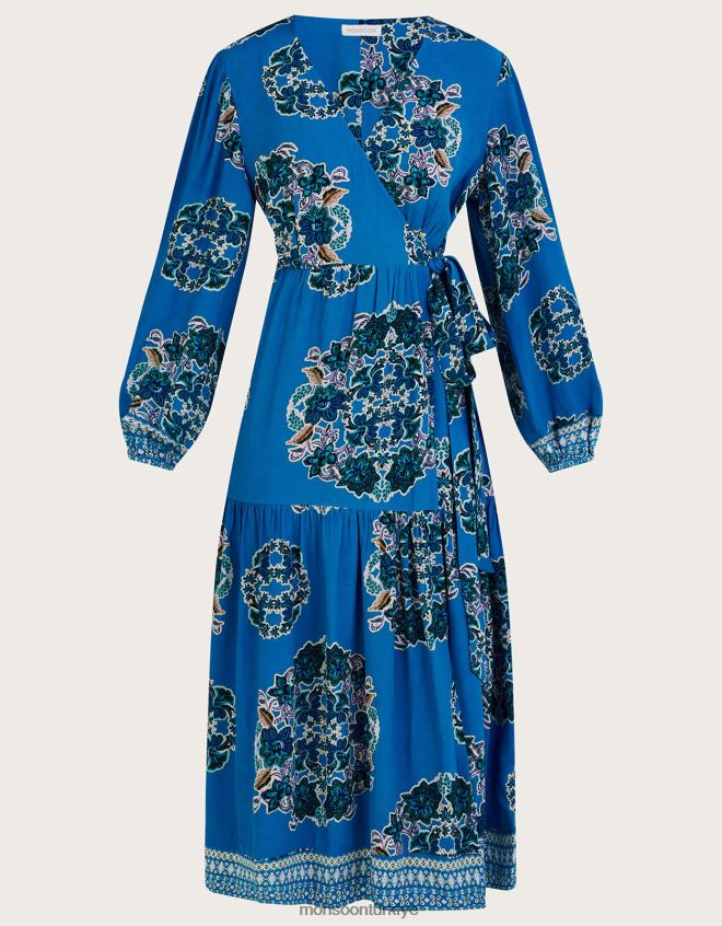 Monsoon kadınlar Sürdürülebilir viskondan Thea desenli anvelop elbise JH86BT1080 Giyim mavi (kobalt)