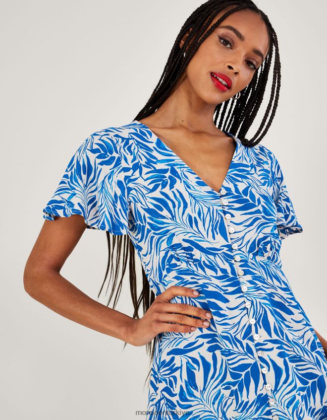 Monsoon kadınlar Sürdürülebilir viskondan floransa yaprak desenli çay elbisesi JH86BT424 Giyim mavi