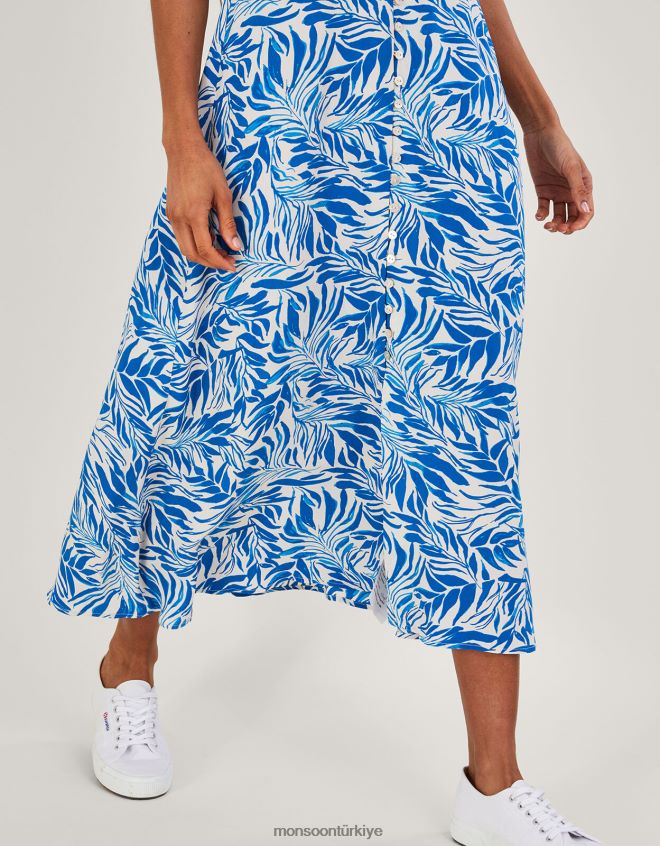 Monsoon kadınlar Sürdürülebilir viskondan floransa yaprak desenli çay elbisesi JH86BT424 Giyim mavi