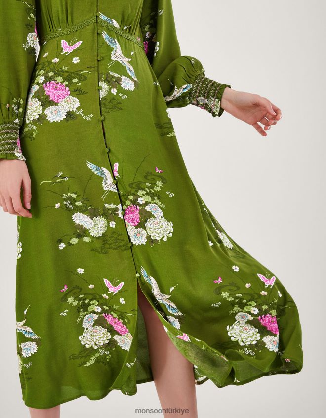Monsoon kadınlar Sürdürülebilir viskondan çiçek desenli çay elbisesi çizdim JH86BT777 Giyim yeşil