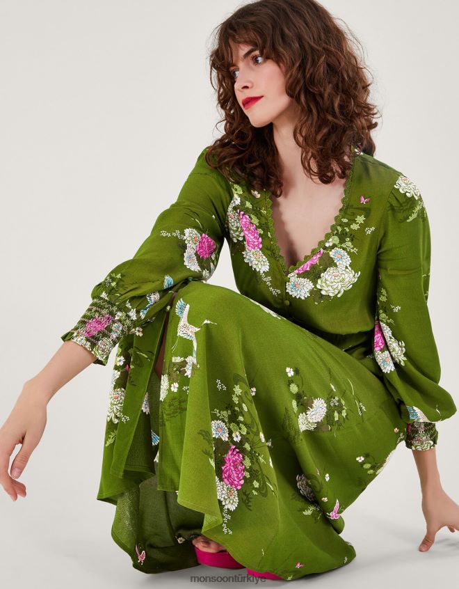 Monsoon kadınlar Sürdürülebilir viskondan çiçek desenli çay elbisesi çizdim JH86BT777 Giyim yeşil