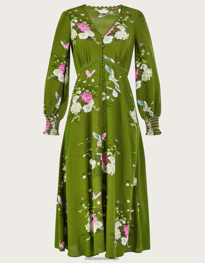 Monsoon kadınlar Sürdürülebilir viskondan çiçek desenli çay elbisesi çizdim JH86BT777 Giyim yeşil