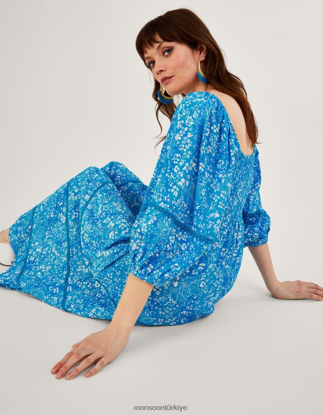 Monsoon kadınlar Sürdürülebilir viskozdan geniş büzgülü elbise JH86BT762 Giyim mavi