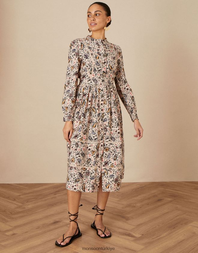 Monsoon kadınlar şal ​​desenli dantel süslemeli elbise JH86BT1114 Giyim fildişi