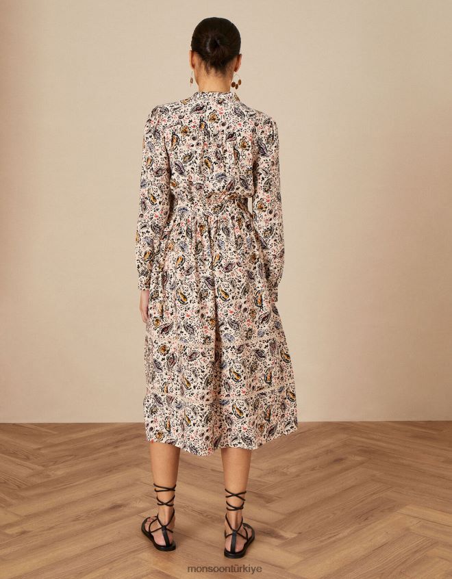 Monsoon kadınlar şal ​​desenli dantel süslemeli elbise JH86BT1114 Giyim fildişi