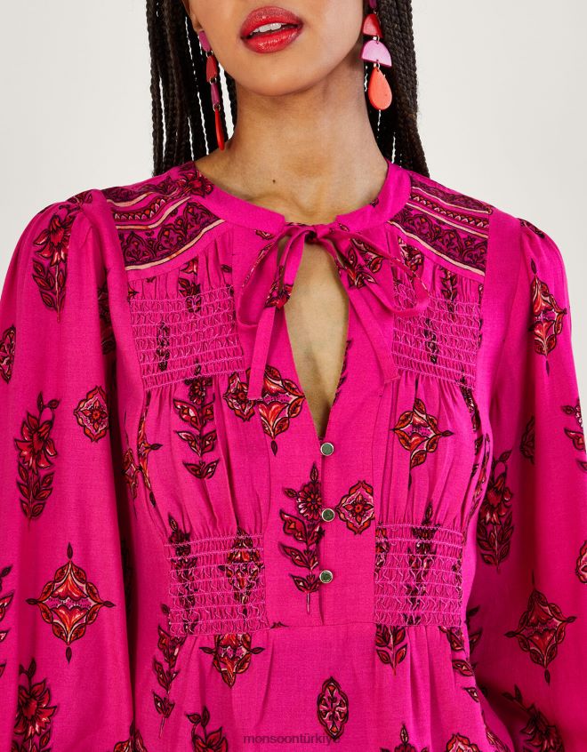 Monsoon kadınlar anahtar deliği yaka desenli kısa elbise JH86BT552 Giyim pembe