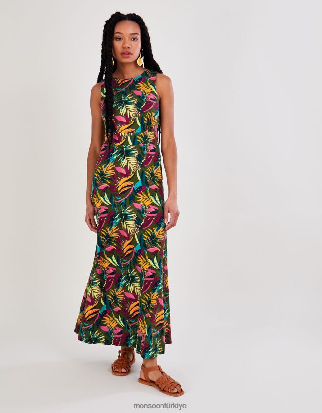 Monsoon kadınlar arkası kesik palmiye jarse elbise JH86BT813 Giyim yeşil (haki)