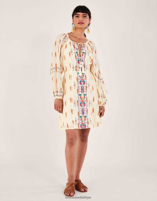Monsoon kadınlar aztek desenli ve işlemeli kısa elbise JH86BT184 Giyim fildişi
