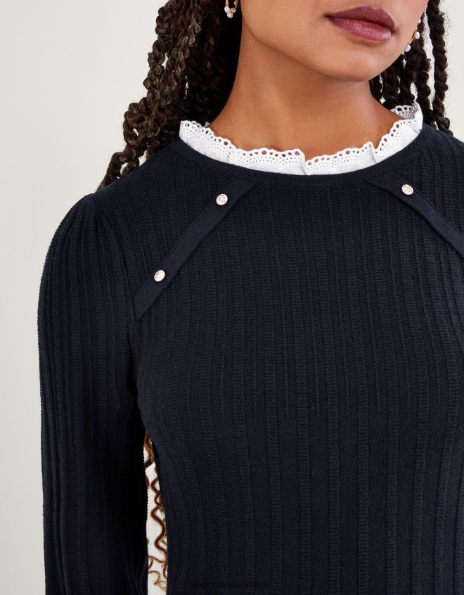 Monsoon kadınlar dantel detaylı askılı elbise JH86BT63 Giyim Mavi Donanma)