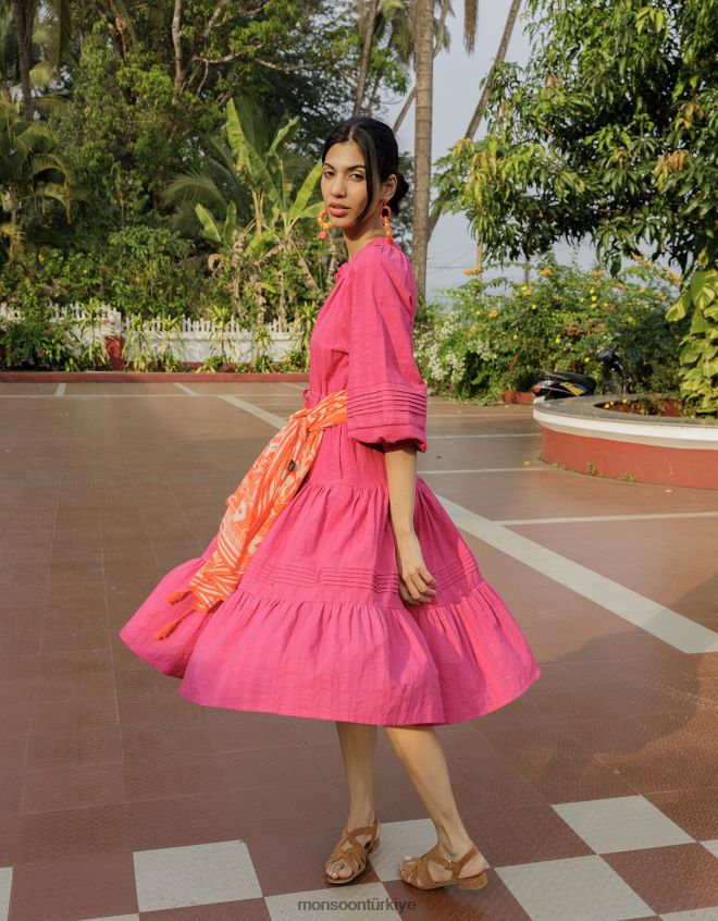 Monsoon kadınlar dokulu katmanlı önlük elbise JH86BT829 Giyim pembe